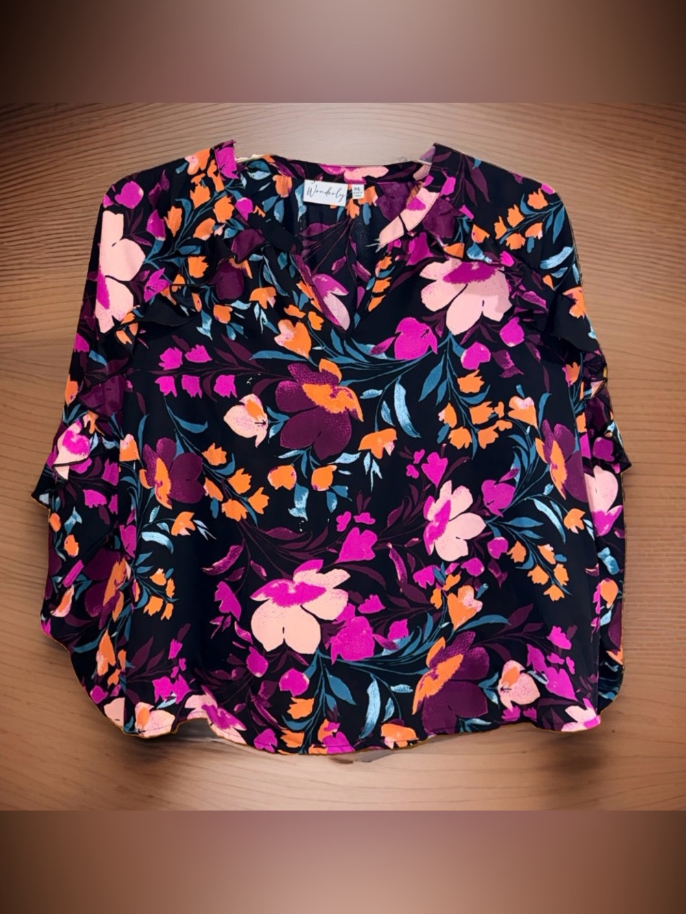 Wonderly Black Floral Blouse with Pink & Orange Blooms & Ruffle Accents-PL-EC